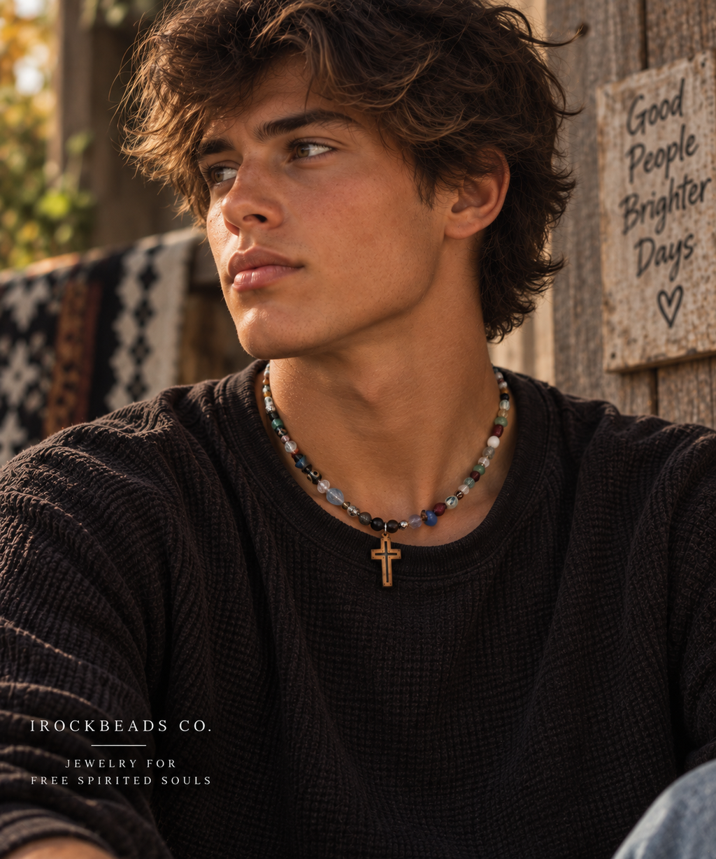 One-of-a-Kind Mixed Bead Cross Necklace – Unisex Boho Design